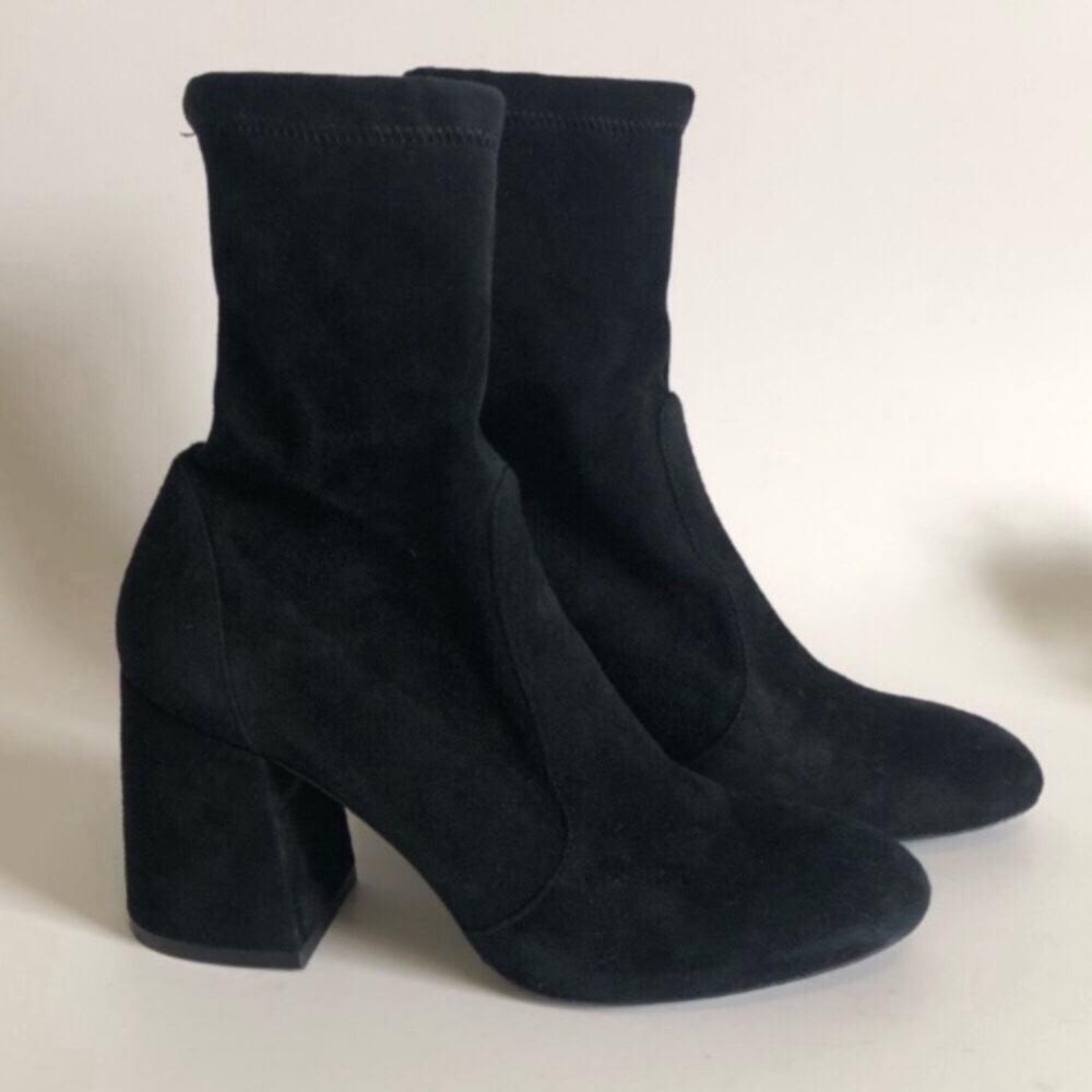 Stuart Weitzman Flareblock 85 Black Suede Leather Stretch Ankle Boots